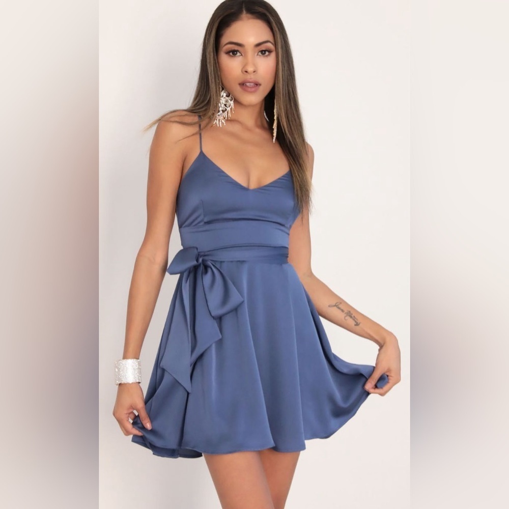 Lucy in the Sky Satin Tie A-line Dress in Palace Blue - Size S